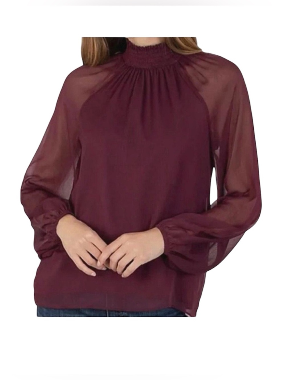 NWT Joie women’s Extra Large long sleeve cinched neck deep wine smocked blouse